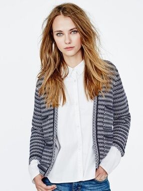 MAJE • Montmartre Jacquard Knit Open Front Cardigan in Blue